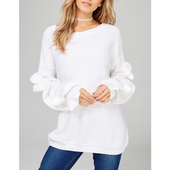 White Ruffle Sleeve Ribbed Sweater Pullover - Picture 2 of 8